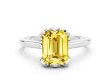 Silver Emerald Cut Yellow Sapphire Solitaire Ring with Flower Prong Setting and Classic Band_12