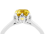 Silver Emerald Cut Yellow Sapphire Solitaire Ring with Flower Prong Setting and Classic Band_16