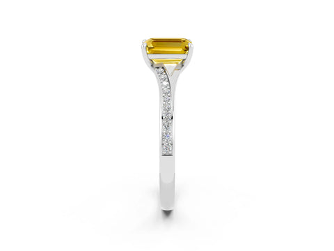 Silver Emerald Cut Yellow Sapphire Solitaire Ring with Pavé Band and Prong Setting_26