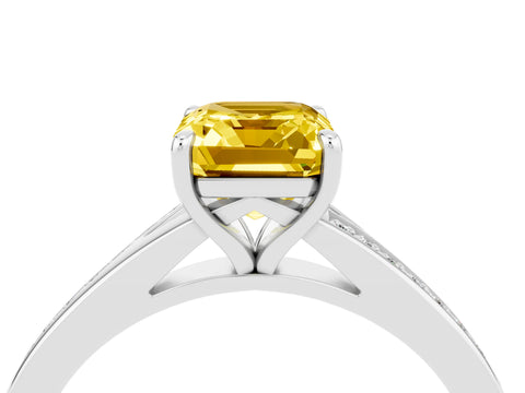 Silver Emerald Cut Yellow Sapphire Solitaire Ring with Pavé Band and Prong Setting_28