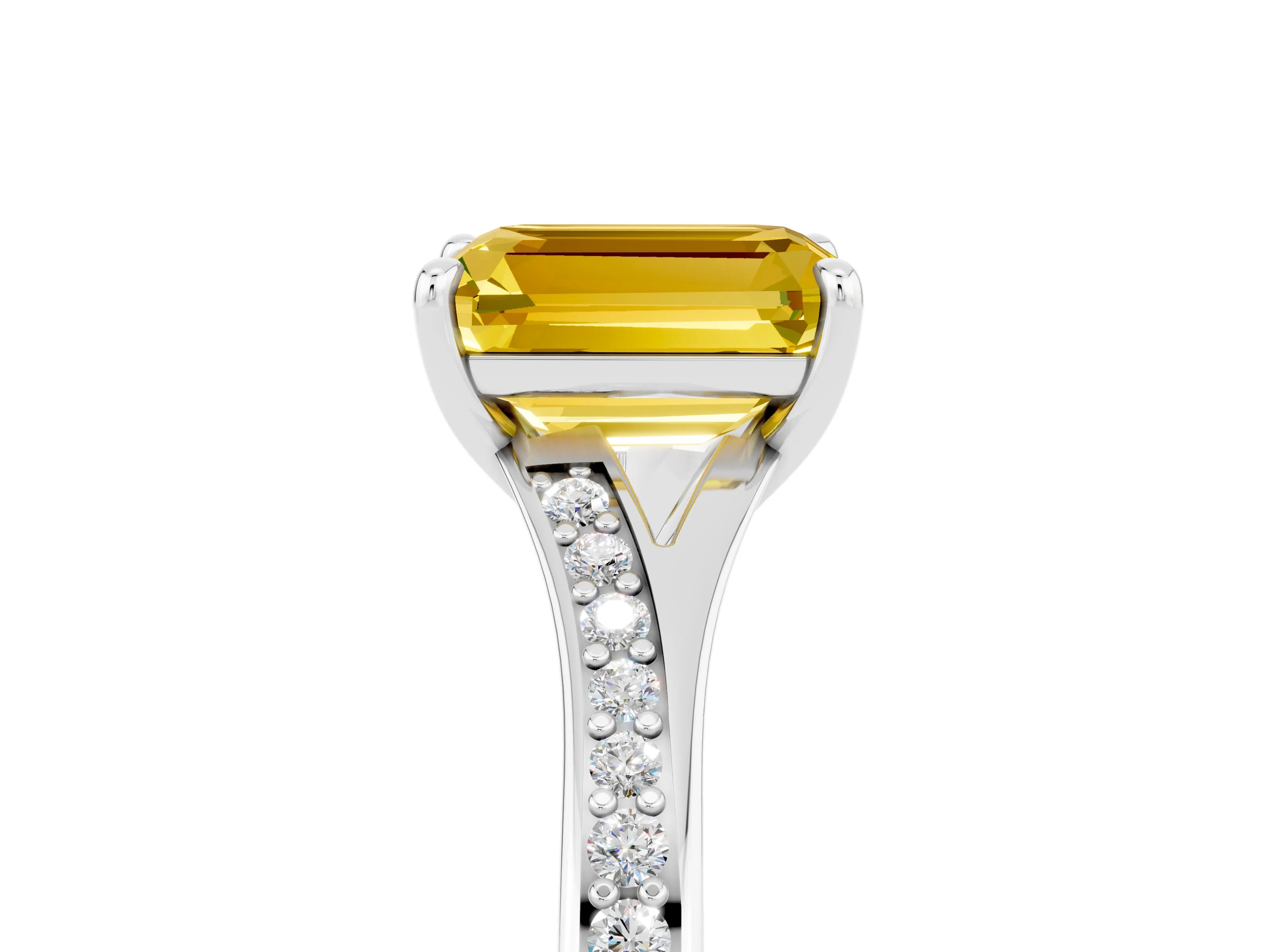Silver Emerald Cut Yellow Sapphire Solitaire Ring with Pavé Band and Prong Setting_29