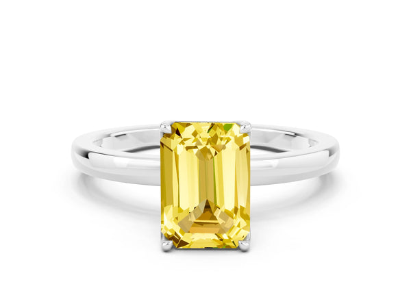 Silver Emerald Cut Yellow Sapphire Solitaire Ring with Thin Band and Prong Setting