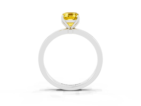 Silver Emerald Cut Yellow Sapphire Solitaire Ring with Thin Band and Prong Setting