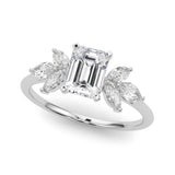 Silver Emerald Diamond Floral Cluster Ring with Marquise Side Stones and Six-Prong Solitaire Setting