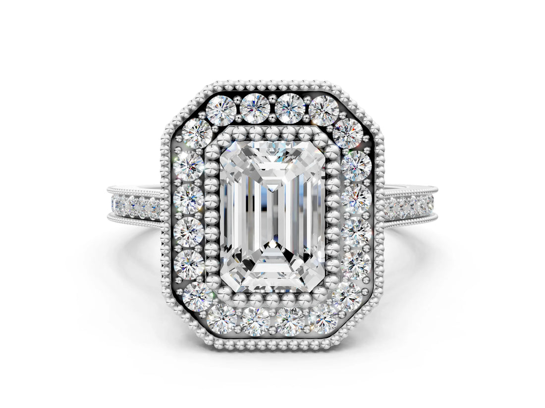 Silver Emerald Diamond Halo Ring with Milgrain Frame and Pavé Band