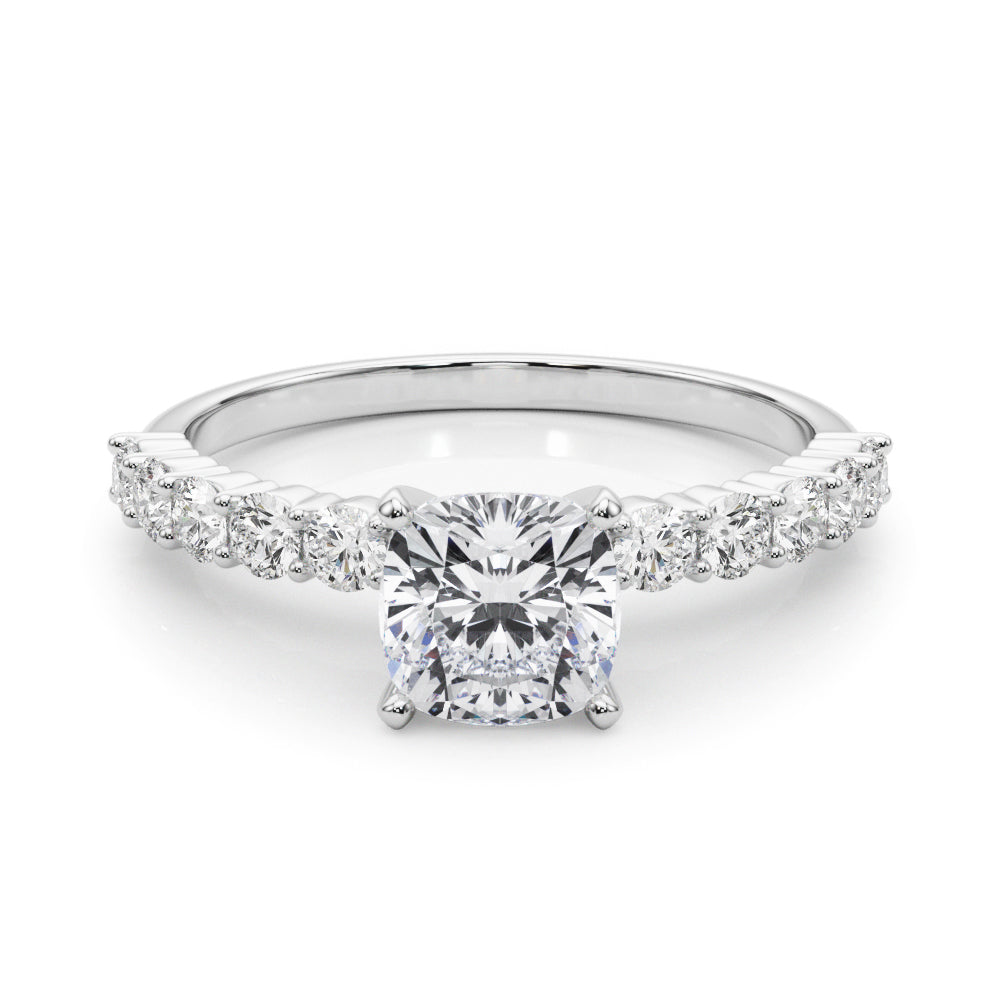 Silver Emerald Diamond Pavé Band Solitaire with Four-Prong Setting