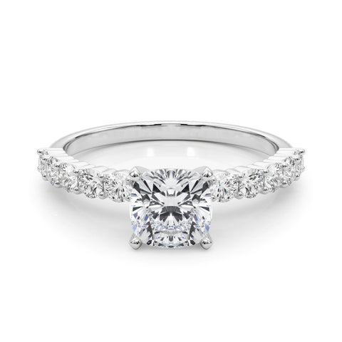 Silver Emerald Diamond Pavé Band Solitaire with Four-Prong Setting