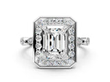 Silver Emerald Halo Diamond Engagement Ring with Twisted Band and Four-Prong Setting 1