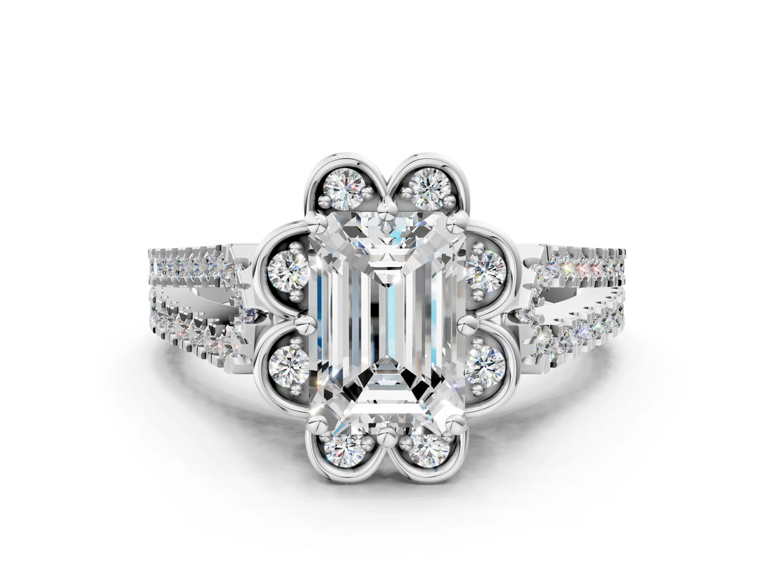 Silver Emerald Halo Diamond Floral Split Shank Engagement Ring