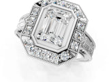 Silver Emerald Halo Diamond Ring with Milgrain Bezel and Prong Setting_7