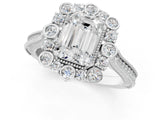 Silver Emerald Halo Milgrain Pave Diamond Ring with Four-Prong Setting 1