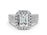 Silver Emerald Halo Round Diamond Pave Band with Prong Setting