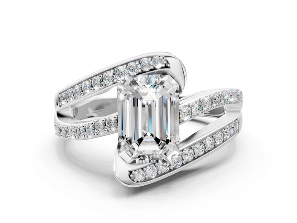 Silver Emerald Solitaire Bypass Diamond Engagement Ring with Channel-Set Band and Four-Prong Setting