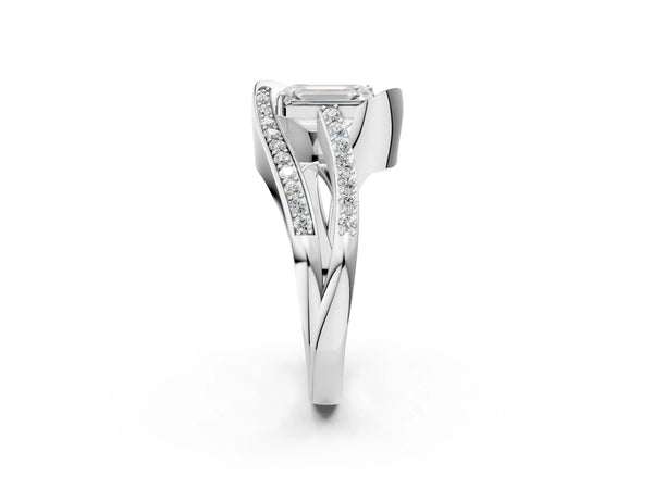 Silver Emerald Solitaire Bypass Diamond Engagement Ring with Channel-Set Band and Four-Prong Setting