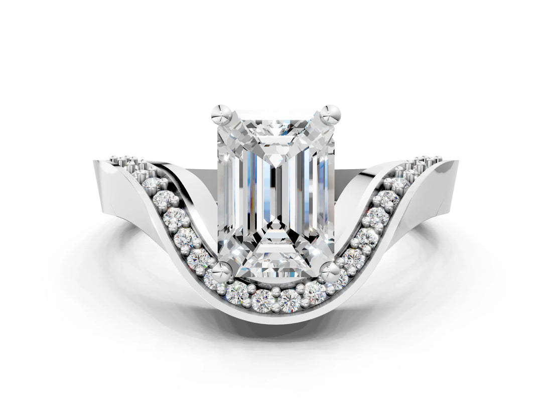 Silver Emerald Solitaire Diamond Engagement Ring with Pave Band and Four-Prong Setting