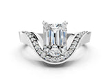 Silver Emerald Solitaire Diamond Engagement Ring with Pave Band and Four-Prong Setting