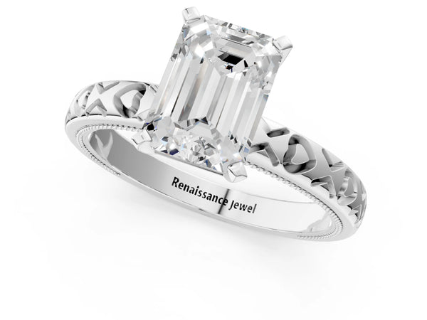 Sterling Silver Emerald Cut Solitaire Engagement Ring Setting with XO Engraved Band