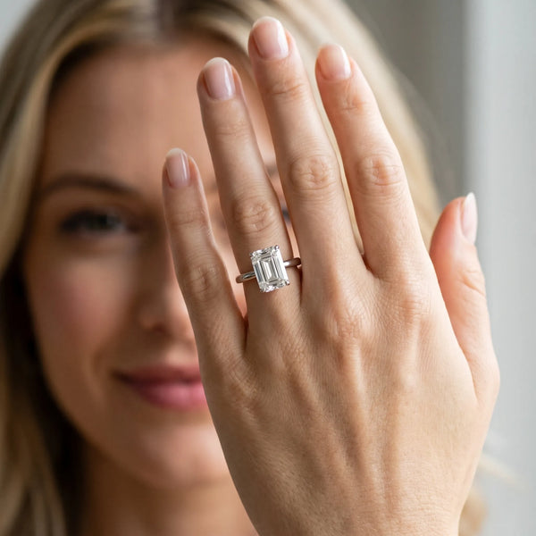 Sterling Silver Emerald Cut Hidden Halo Solitaire Engagement Ring Setting with Pave Collar
