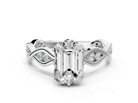 Silver Emerald Solitaire Twist Band with Leaf Prong Setting 1