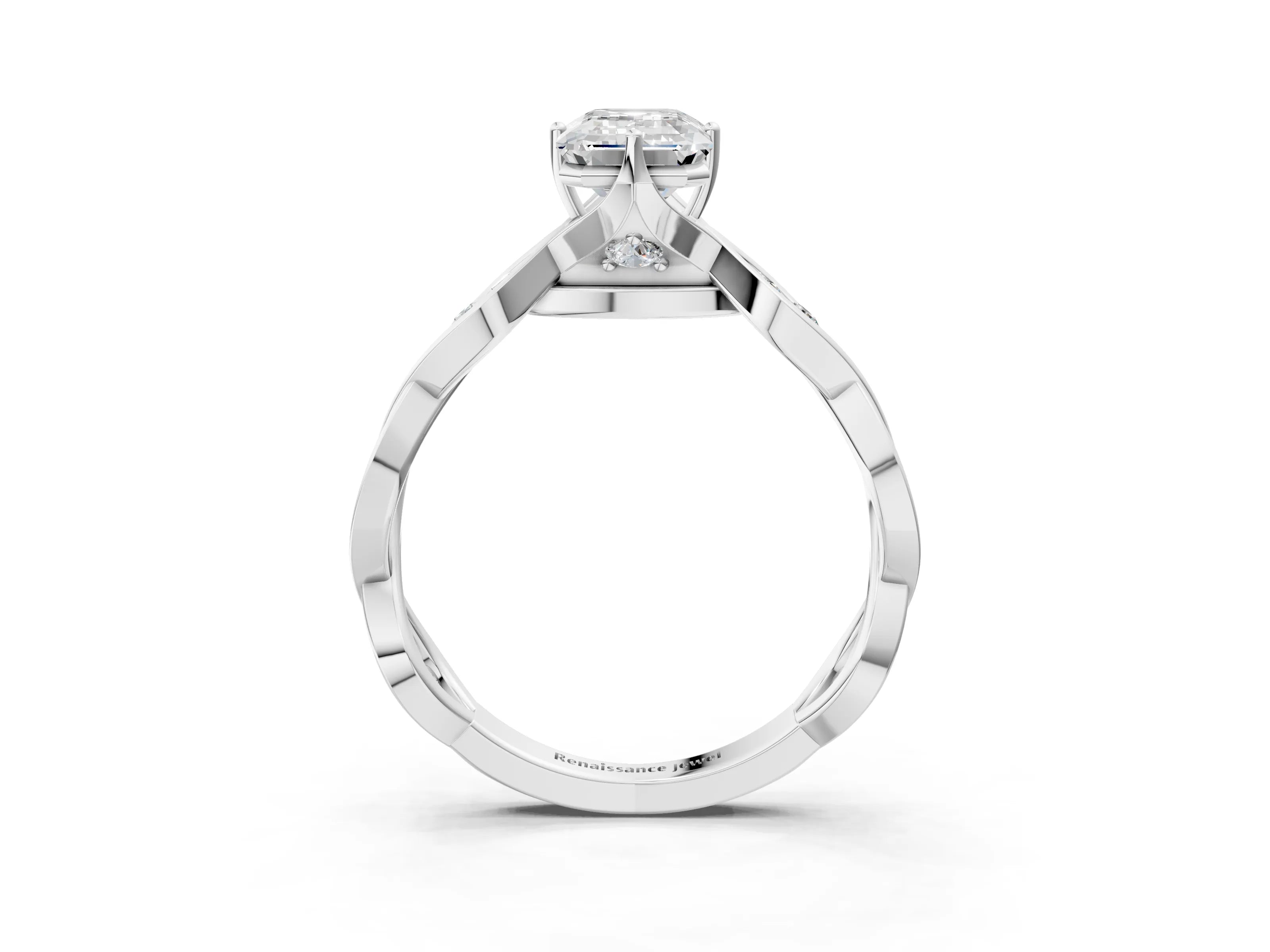 Silver Emerald Solitaire Twist Band with Leaf Prong Setting 4