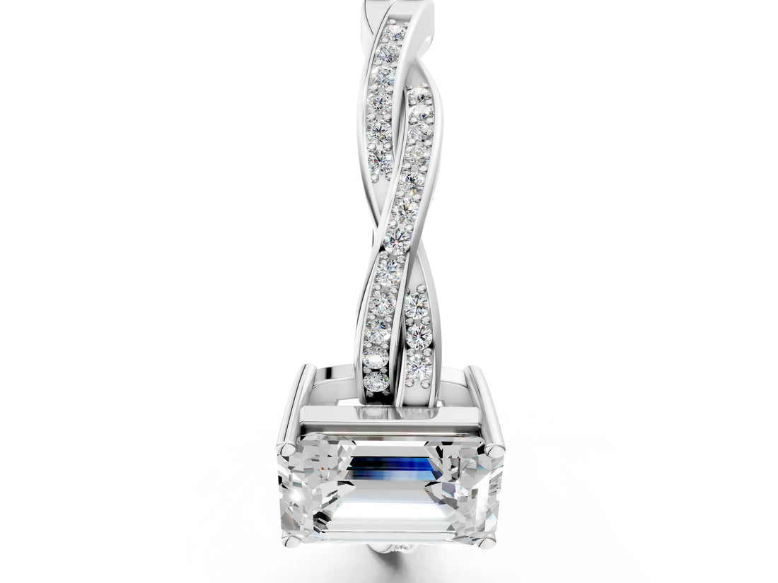 Silver Emerald Solitaire Twisted Pave Diamond Ring with Four-Prong Setting