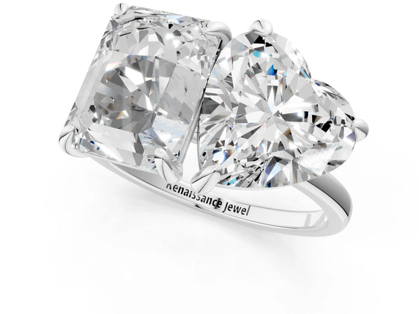 Sterling Silver Emerald Cut and Heart-Shaped Laboratory-Grown Diamond Toi et Moi Engagement Ring