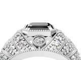 Silver Fancy Black Asscher Cut Brilliant Halo Pave Diamond Milgrain Ring_10