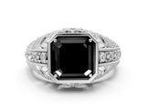 Silver Fancy Black Asscher Cut Brilliant Milgrain Filigree Diamond Ring with Square Prong Setting_6