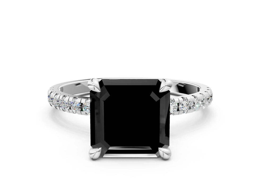 Silver Fancy Black Asscher Cut Diamond Brilliant Solitaire Ring with Pavé Band and Four-Prong Setting_30