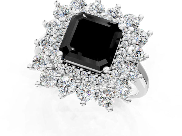 Sterling Silver Asscher Cut Floral Double Halo Engagement Ring Setting for Black Center