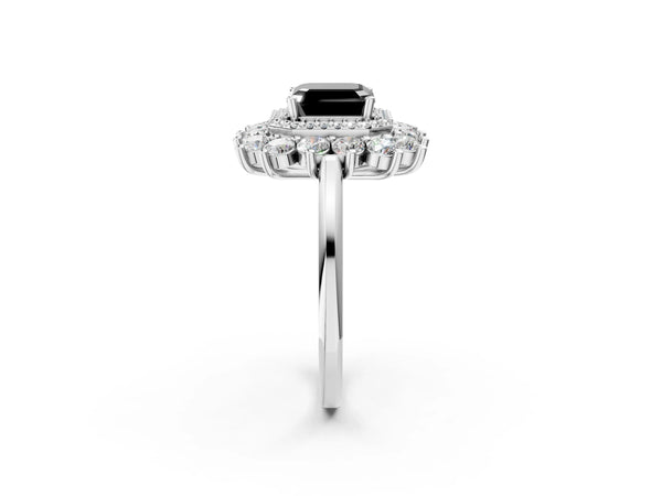Sterling Silver Asscher Cut Floral Double Halo Engagement Ring Setting for Black Center