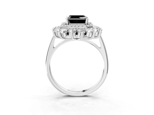 Sterling Silver Asscher Cut Floral Double Halo Engagement Ring Setting for Black Center