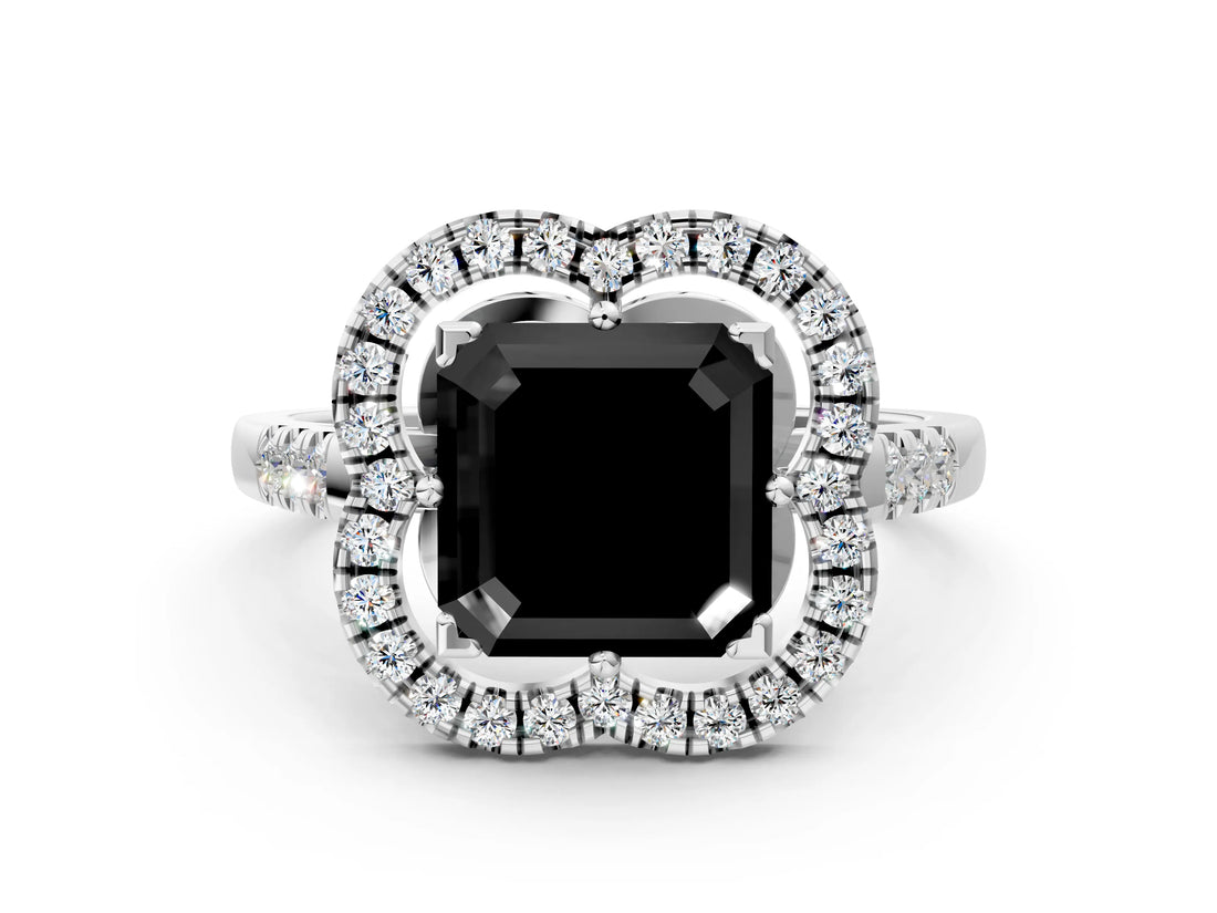 Silver Fancy Black Asscher Cut Diamond Floral Halo Split Shank Prong Setting Ring_36