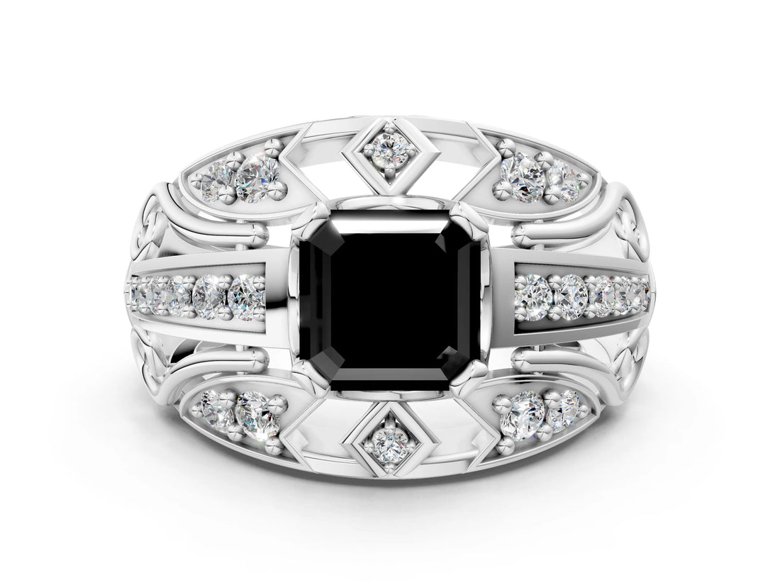 Silver Fancy Black Asscher Cut Diamond Pave Art Deco Split Shank Ring with Four-Prong Setting_6