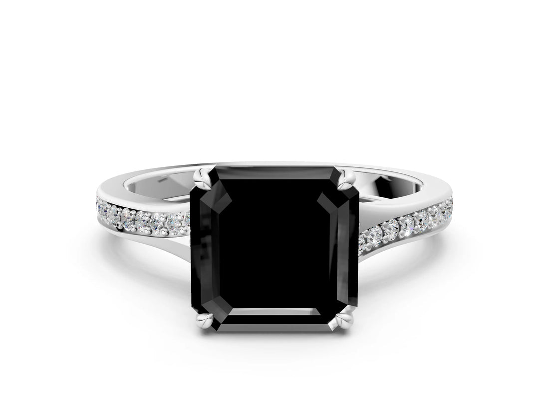 Silver Fancy Black Asscher Cut Diamond Solitaire Ring with Pavé Band and Prong Setting_12