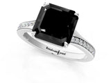 Silver Fancy Black Asscher Cut Diamond Solitaire Ring with Pavé Band and Prong Setting_13