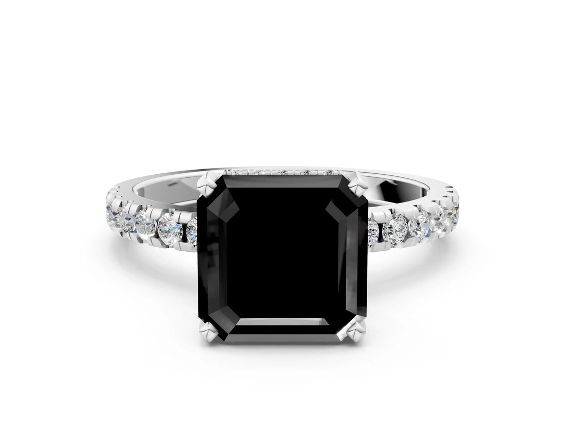 Silver Fancy Black Asscher Cut Diamond Solitaire Ring with Round  Pavé Band and Four-Prong Setting_24