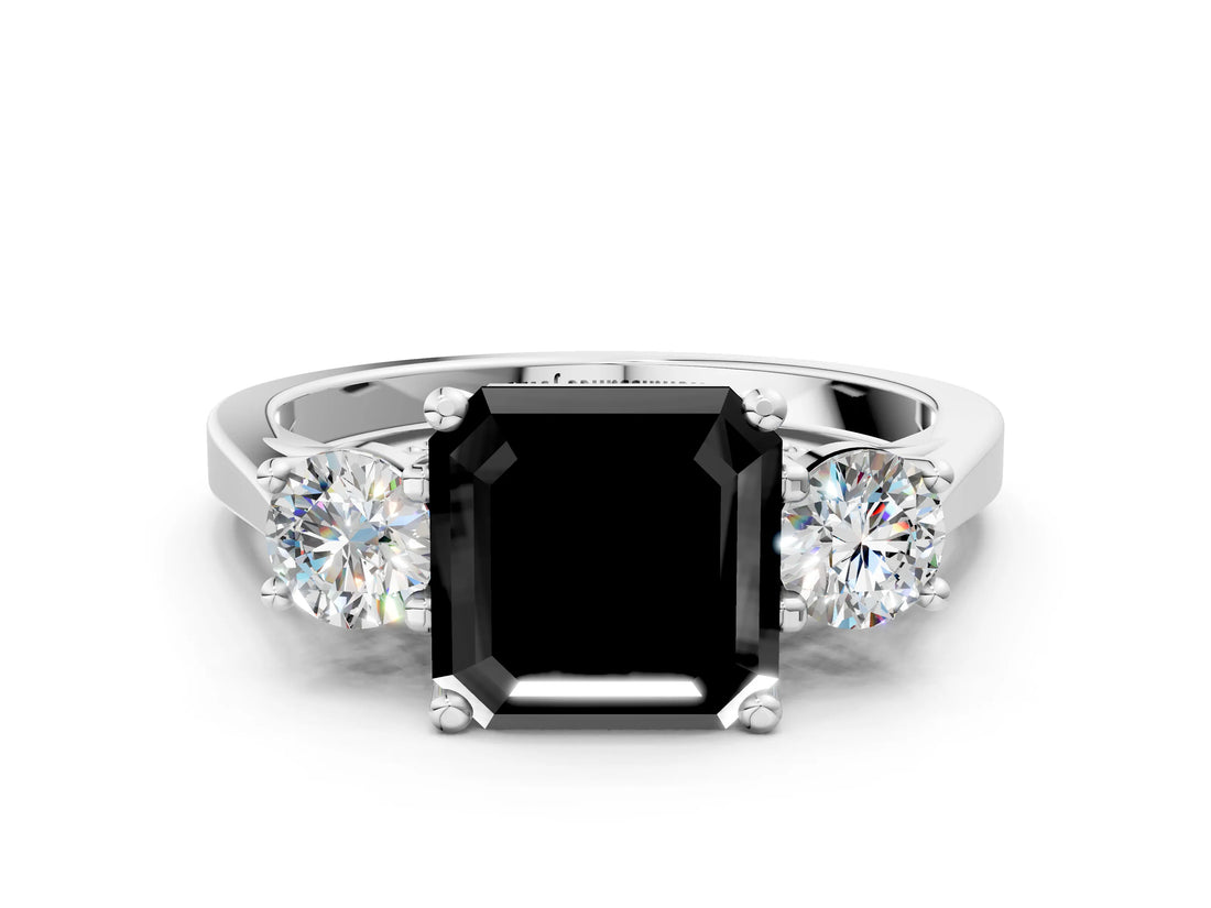 Silver Fancy Black Asscher Cut Diamond Three-Stone Engagement Ring with Prong Setting and Pavé Band_6