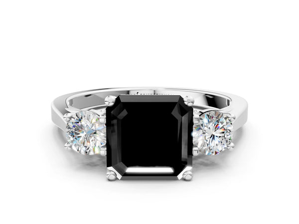 Silver Fancy Black Asscher Cut Diamond Three-Stone Engagement Ring with Prong Setting and Pavé Band