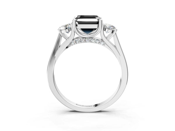 Silver Fancy Black Asscher Cut Diamond Three-Stone Engagement Ring with Prong Setting and Pavé Band