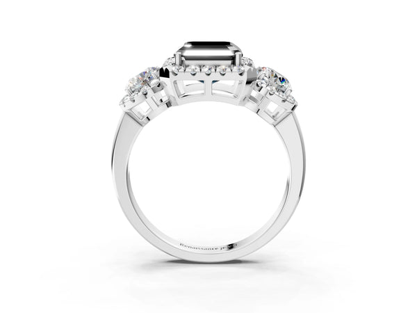 Sterling Silver Asscher Cut Three Stone Halo Engagement Ring Setting for Black Center