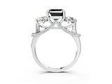 Silver Fancy Black Asscher Cut Diamond Three-Stone Ring with Prong Setting and Pavé Band_9