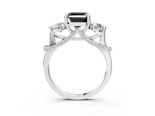 Sterling Silver Asscher Cut Curved Pave Three Stone Engagement Ring Setting for Black Center