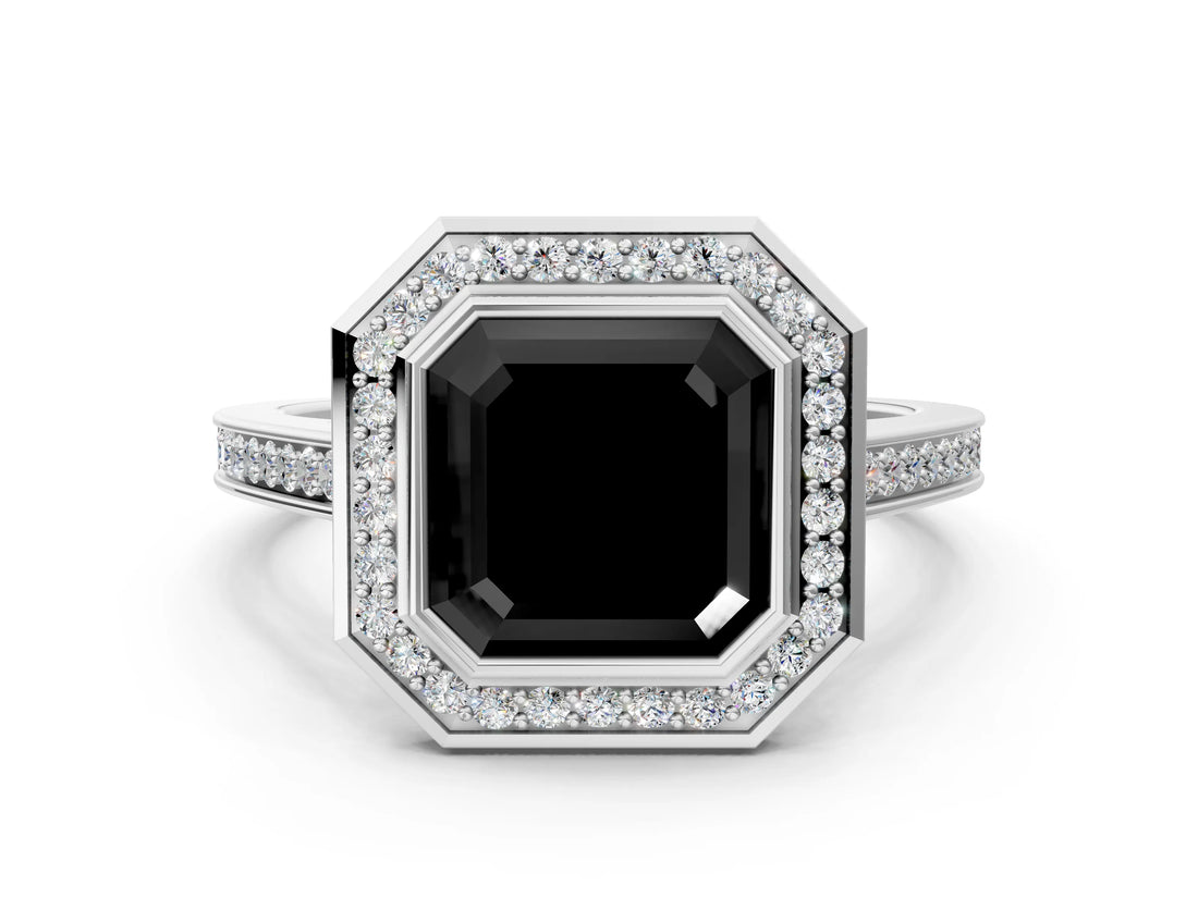 Silver Fancy Black Asscher Cut Halo Bezel Diamond Pave Band Ring_6