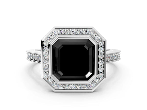 Silver Fancy Black Asscher Cut Halo Bezel Diamond Pave Band Ring