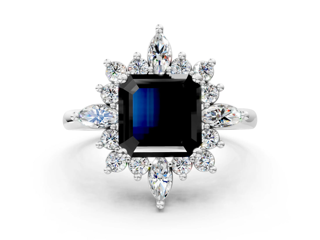 Silver Fancy Black Asscher Cut Halo Diamond Cluster Ring with Marquise and Round Stones on a White Gold Band with Prong Setting