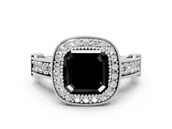 Sterling Silver Asscher Cut Vintage Bezel Halo Engagement Ring Setting for Black Center