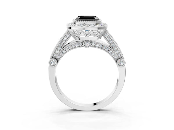 Sterling Silver Asscher Cut Vintage Bezel Halo Engagement Ring Setting for Black Center