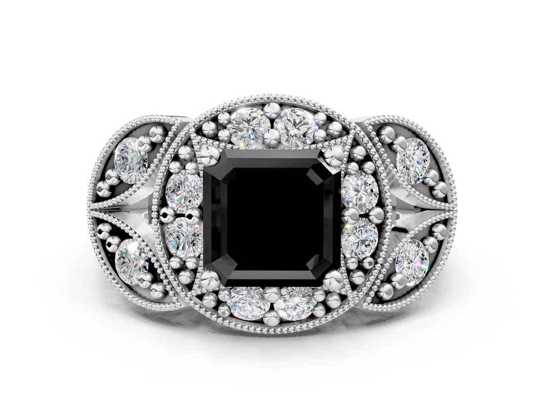 Silver Fancy Black Asscher Cut Halo Milgrain Diamond Engagement Ring with Leaf Band and Four-Prong Setting_12