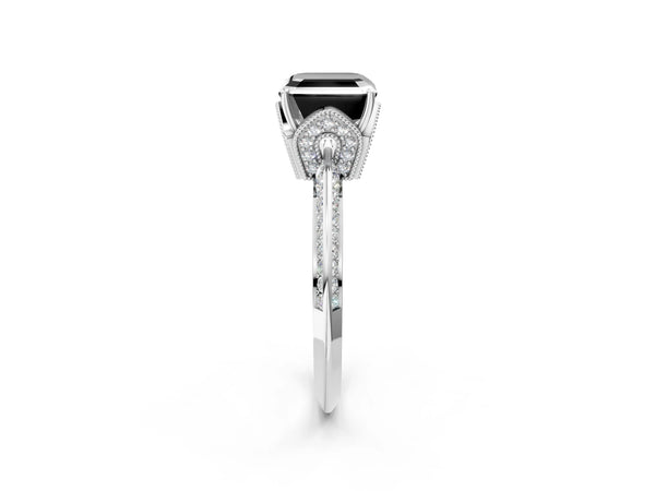 Sterling Silver Asscher Cut Graduated Pave Engagement Ring Setting for Black Center